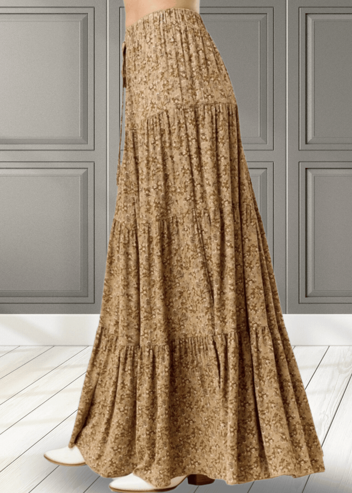 Made in USA Women's Taupe Mustard Rayon Ditsy Floral Maxi Skirt | Classy Cozy Cool Made in America Boutique