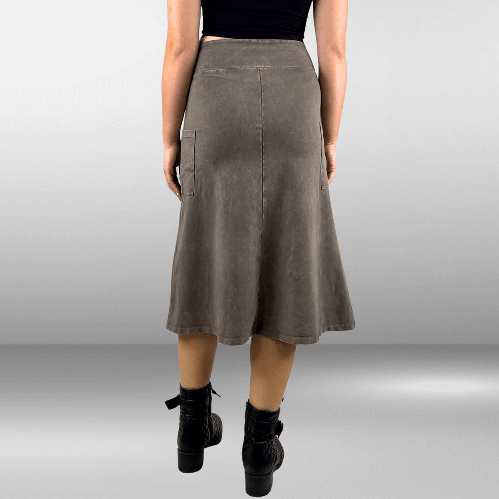 Made in USA Women's All Season Versatile Mineral Washed Cotton Stretch Midi Skirt, Side Patch Pockets, High Waist, Comfortable & Soft 4 Way stretch in Desert Taupe | Classy Cozy Cool Made in America Boutique
