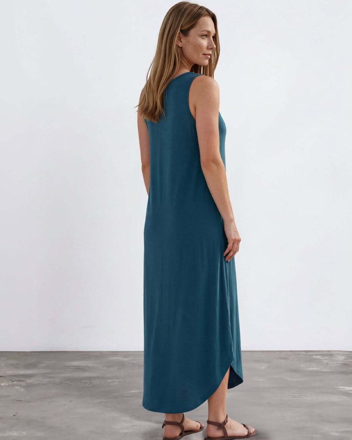 Shop the Sammie Sleeveless Maxi Dress in teal. Relaxed fit, scoop neck, side pockets &amp; slits. 95% Rayon, 5% Spandex. Made in USA. Free shipping may apply.