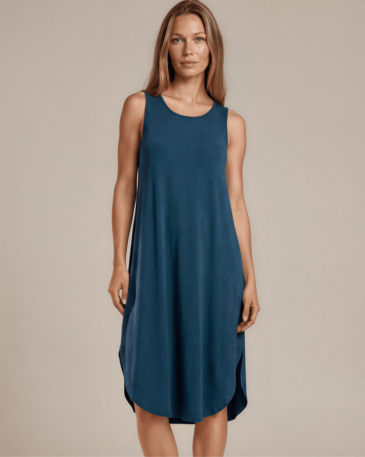Shop the Sammie Sleeveless Maxi Dress in teal. Relaxed fit, scoop neck, side pockets &amp; slits. 95% Rayon, 5% Spandex. Made in USA. Free shipping may apply.