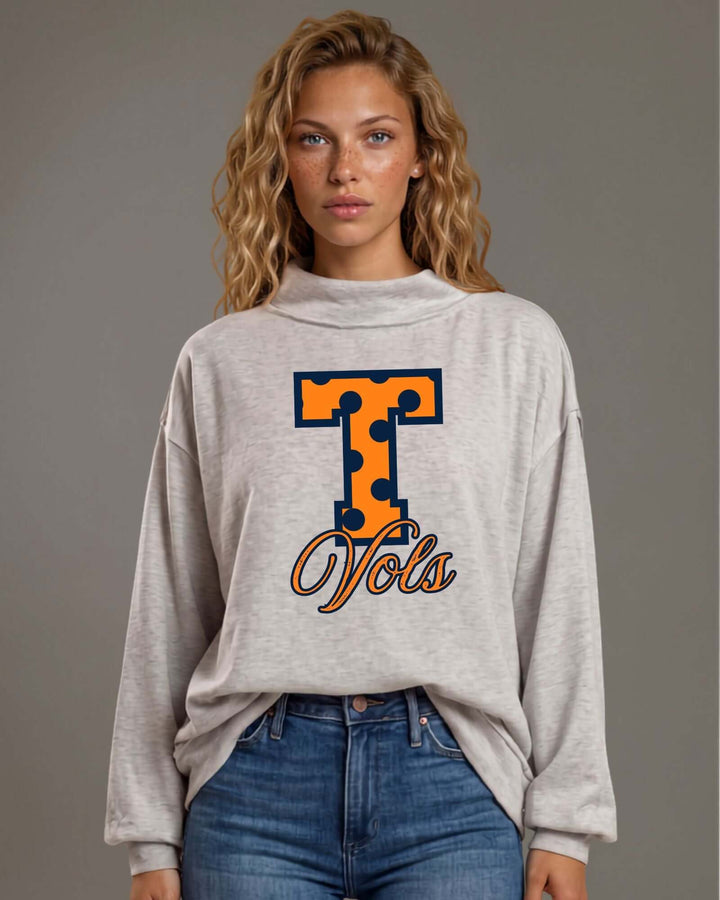 Tennessee Vols gameday polka dot graphic mock neck sweatshirt in heather grey. Oversized, super soft, made in USA. Perfect gameday top. Sizes S–L.