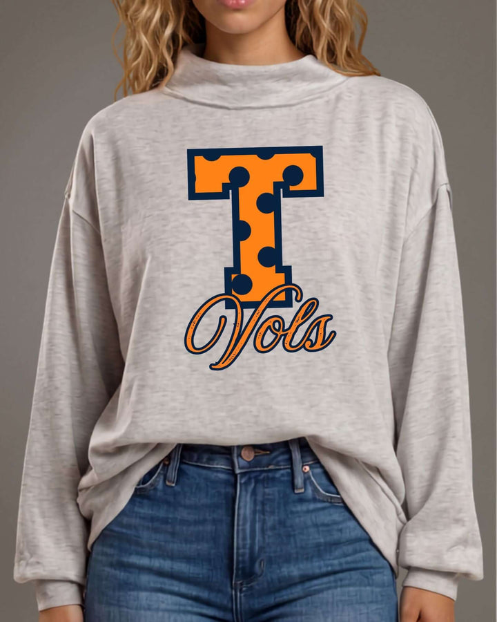 Tennessee Vols gameday polka dot graphic mock neck sweatshirt in heather grey. Oversized, super soft, made in USA. Perfect gameday top. Sizes S–L.