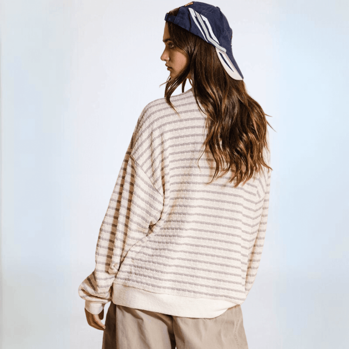 Made in USA Textured "TEXAS" Graphic Oversized Game Day Textured Sweatshirt with Crew Neck and Long Sleeves in Black or Pink with Cream Stripes | Bucket List Style T1770