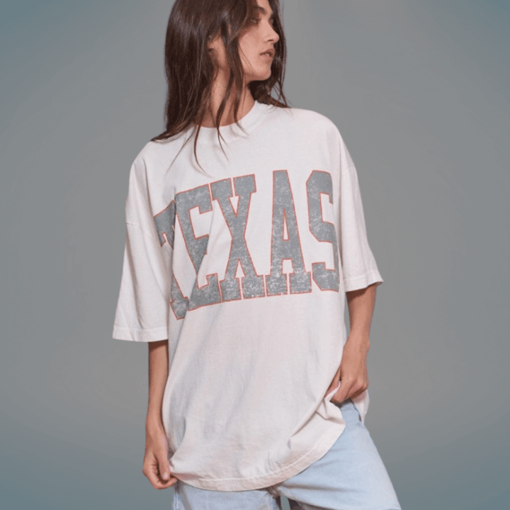 Made in USA Oversized "TEXAS" Graphic Tee, Crew Neck, Short Sleeves, White, Longer Length, 100% Cotton | Classy Cozy Cool Made in America Boutique