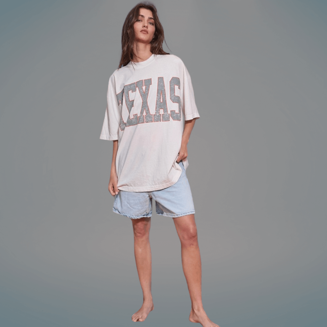 Made in USA Oversized "TEXAS" Graphic Tee, Crew Neck, Short Sleeves, White, Longer Length, 100% Cotton | Classy Cozy Cool Made in America Boutique