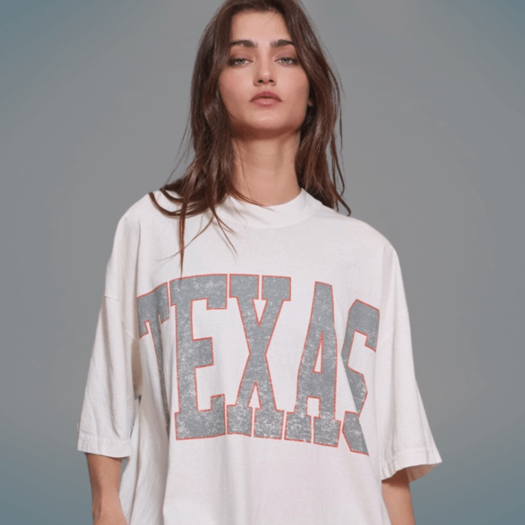 Made in USA Oversized "TEXAS" Graphic Tee, Crew Neck, Short Sleeves, White, Longer Length, 100% Cotton | Classy Cozy Cool Made in America Boutique