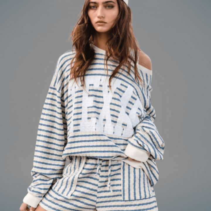 Made in USA Textured "TEXAS" Graphic Oversized Game Day Textured Sweatshirt with Crew Neck and Long Sleeves in Blue and Cream Stripes | Bucket List Style T1770