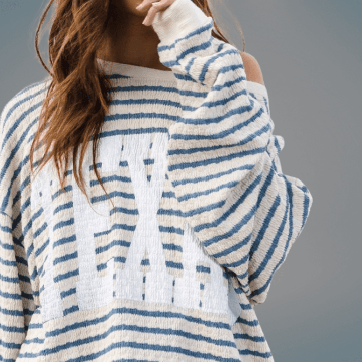 Made in USA Textured "TEXAS" Graphic Oversized Game Day Textured Sweatshirt with Crew Neck and Long Sleeves in Blue and Cream Stripes | Bucket List Style T1770