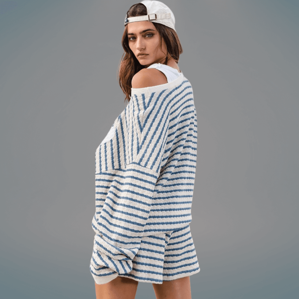 Made in USA Textured "TEXAS" Graphic Oversized Game Day Textured Sweatshirt with Crew Neck and Long Sleeves in Blue and Cream Stripes | Bucket List Style T1770