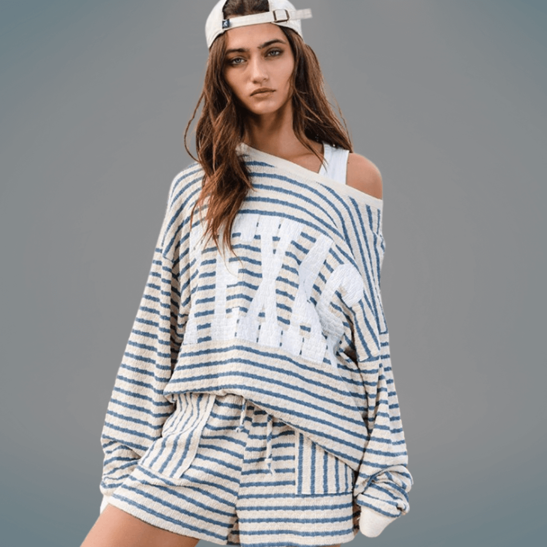 Made in USA Textured "TEXAS" Graphic Oversized Game Day Textured Sweatshirt with Crew Neck and Long Sleeves in Blue and Cream Stripes | Bucket List Style T1770