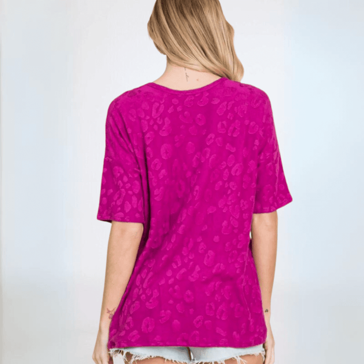 Made in USA Women's Very Soft Textured Animal Print Embossed Casual Short Sleeve Top with Button Detail in Magenta | Classy Cozy Cool Made in America Boutique