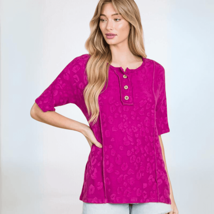 Made in USA Women's Very Soft Textured Animal Print Embossed Casual Short Sleeve Top with Button Detail in Magenta | Classy Cozy Cool Made in America Boutique