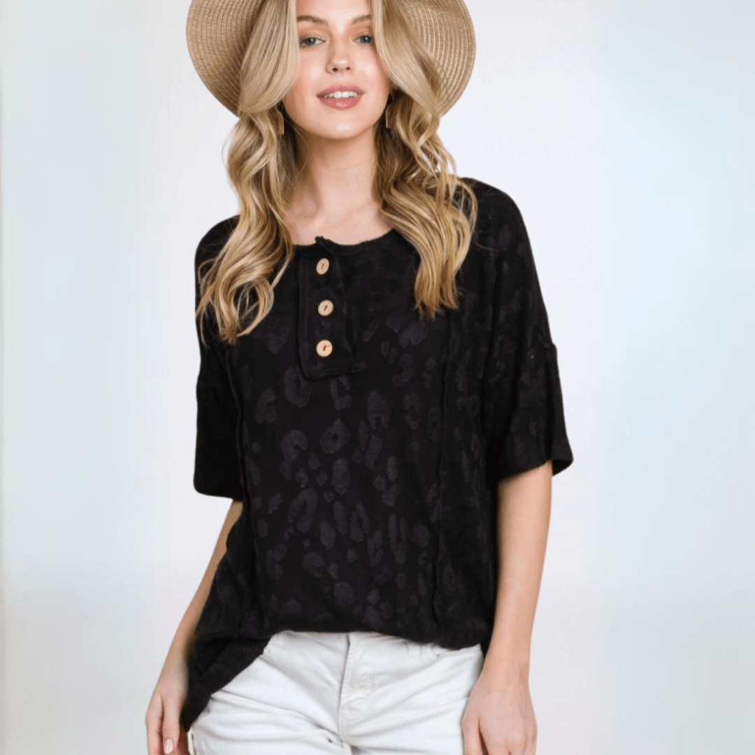 Made in USA Women's Very Soft Textured Animal Print Embossed Casual Short Sleeve Top with Button Detail in Black | Classy Cozy Cool Made in America Boutique