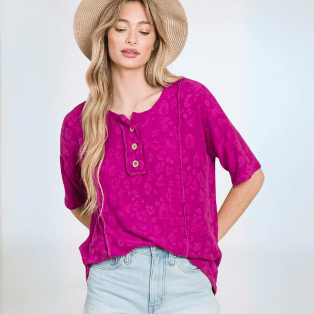 Made in USA Women's Very Soft Textured Animal Print Embossed Casual Short Sleeve Top with Button Detail in Magenta | Classy Cozy Cool Made in America Boutique
