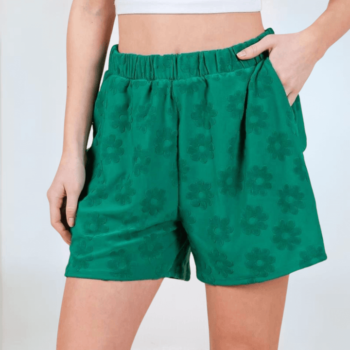 Made in USA Women's Floral Daisy Embossed Textured Shorts in Green | Classy Cozy Cool Made in America Boutique