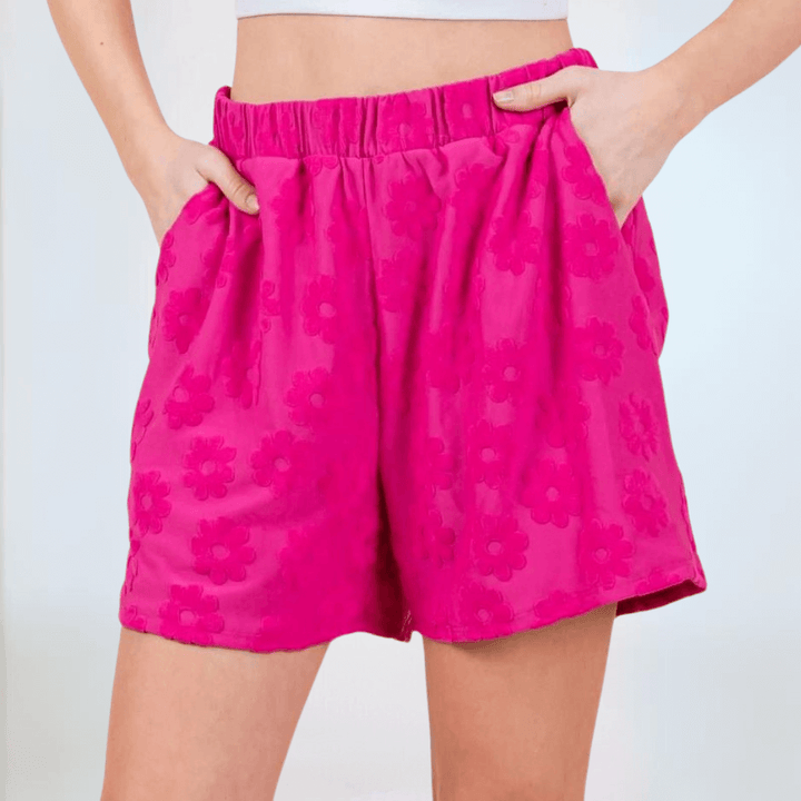 Made in USA Women's Floral Daisy Embossed Textured Shorts in Fuchsia | Classy Cozy Cool Made in America Boutique