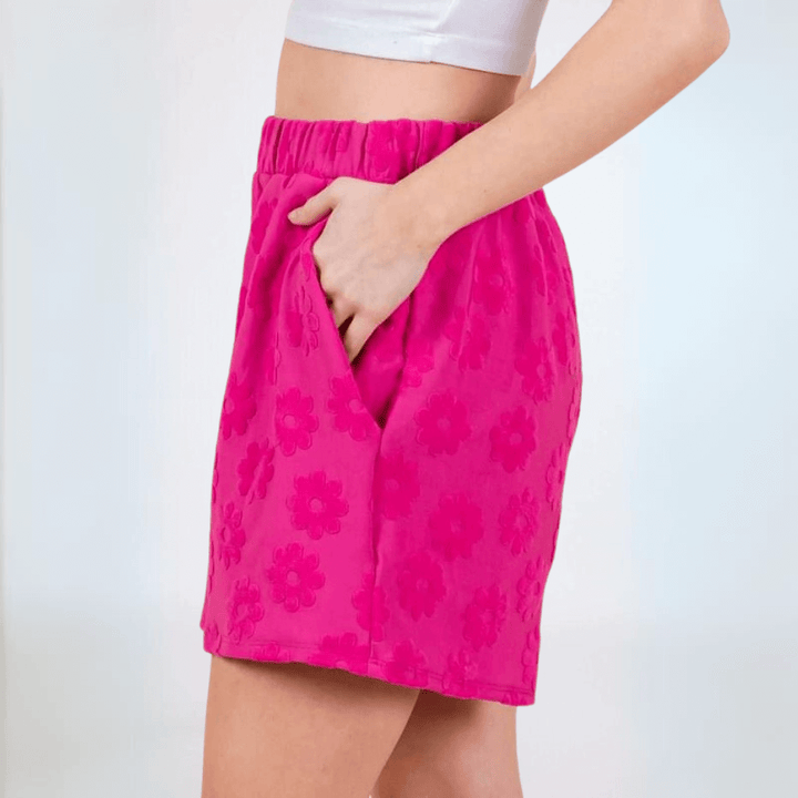 Made in USA Women's Floral Daisy Embossed Textured Shorts in Fuchsia | Classy Cozy Cool Made in America Boutique