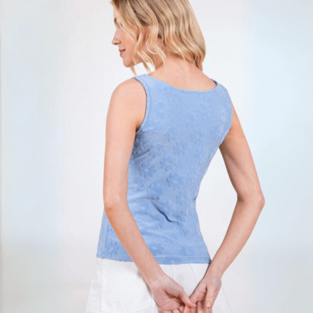 Made in USA Women's Soft Textured Daisy Embossed Detail Tank Top With Square Round Neckline in Light Blue | Classy Cozy Cool Made in America Boutique