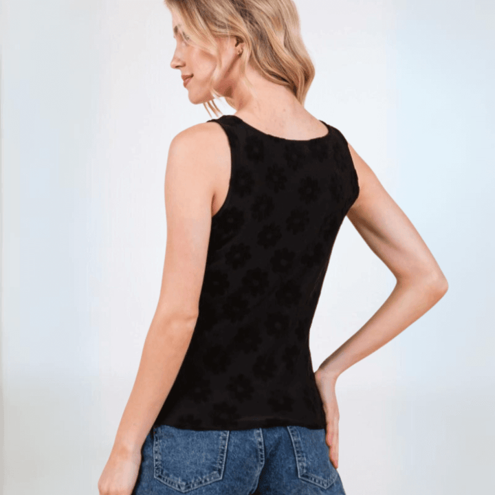 Made in USA Women's Soft Textured Daisy Embossed Detail Tank Top With Square Round Neckline in Black | Classy Cozy Cool Made in America Boutique