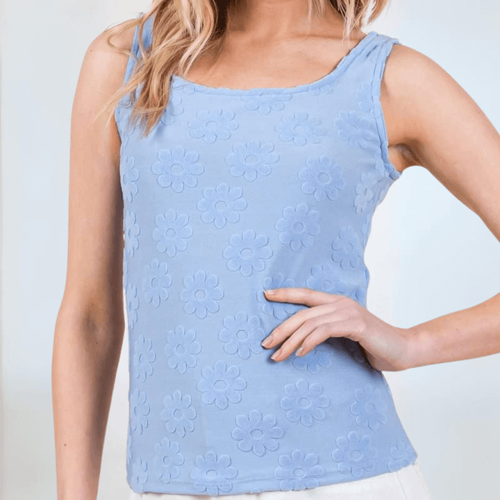 Made in USA Women's Soft Textured Daisy Embossed Detail Tank Top With Square Round Neckline in Light Blue | Classy Cozy Cool Made in America Boutique