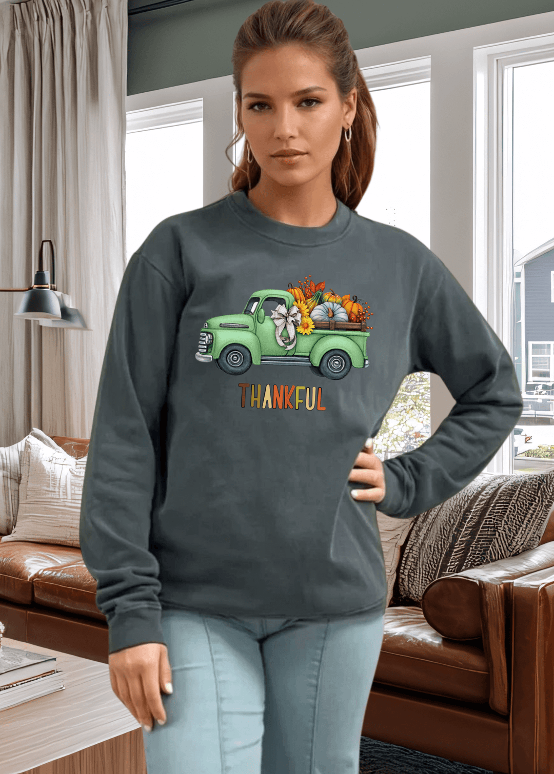 Cozy up in gratitude with this heavyweight pigment-dyed cotton sweatshirt featuring a charming vintage green truck graphic and the colorful word "Thankful". Crafted in the USA from 100% cotton, this piece delivers the durability and comfort you'll love wearing season after season.