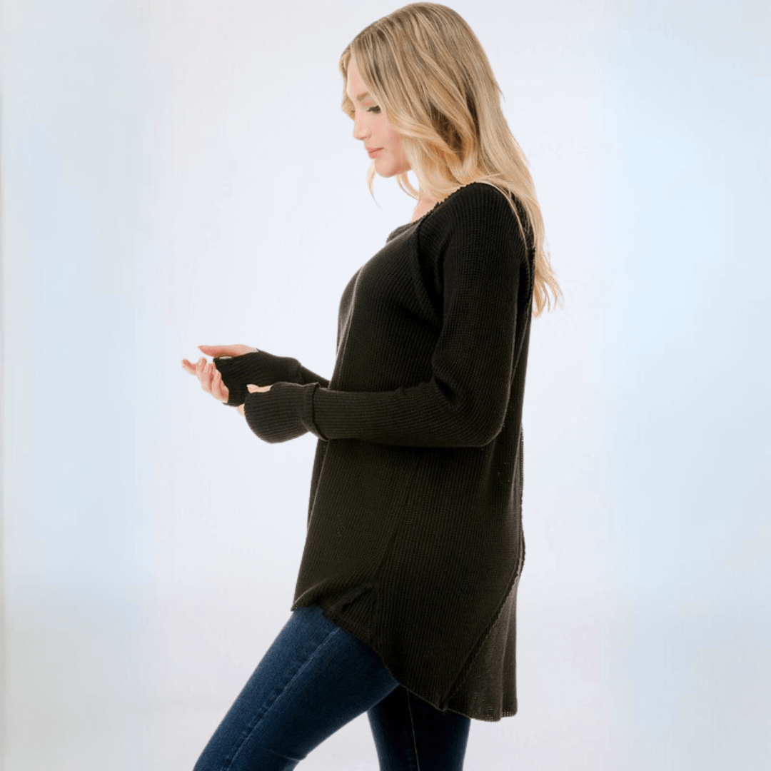 Made in USA Women's Soft and Cozy Thumbhole Sweater, Raw Edge Detail, Wide Boat Neckline, High-Low Hemline, Triangle Seam Detail on Back, Available in Black, Grey and Sage 