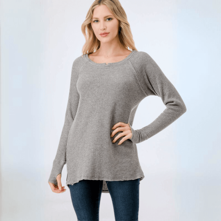 Made in USA Women's Soft and Cozy Thumbhole Sweater, Raw Edge Detail, Wide Boat Neckline, High-Low Hemline, Triangle Seam Detail on Back, Available in Black, Grey and Sage 