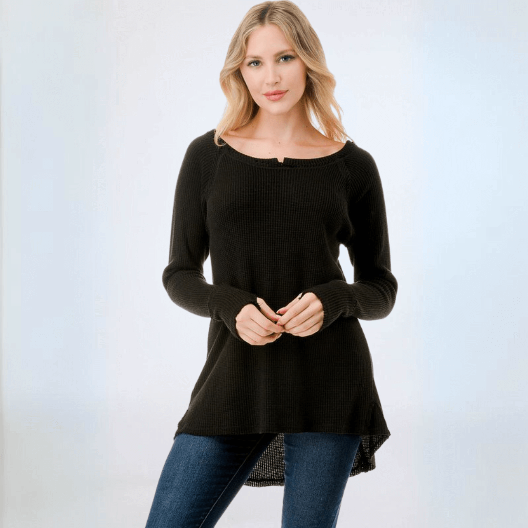 Made in USA Women's Soft and Cozy Thumbhole Sweater, Raw Edge Detail, Wide Boat Neckline, High-Low Hemline, Triangle Seam Detail on Back, Available in Black, Grey and Sage 