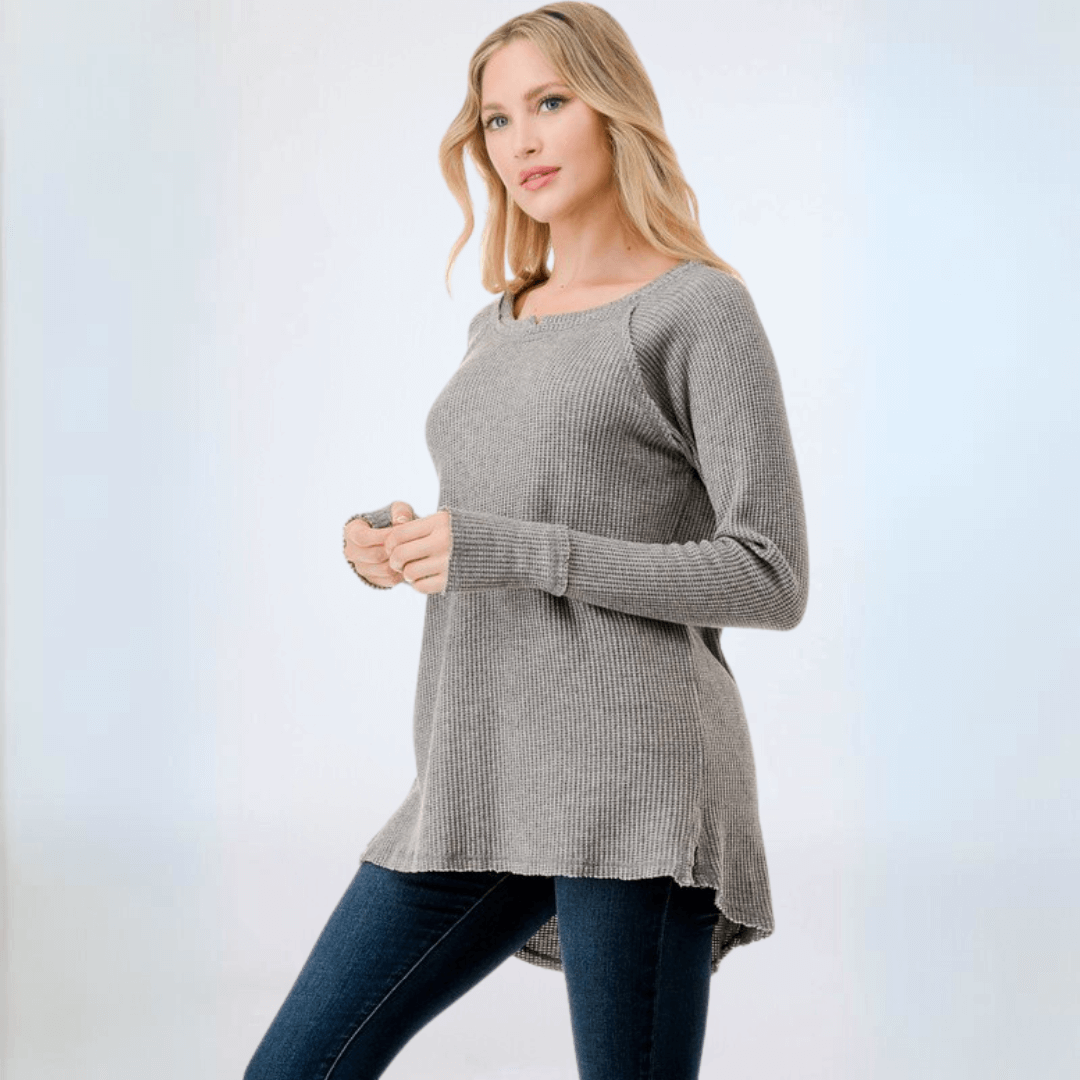 Made in USA Women's Soft and Cozy Thumbhole Sweater, Raw Edge Detail, Wide Boat Neckline, High-Low Hemline, Triangle Seam Detail on Back, Available in Black, Grey and Sage 