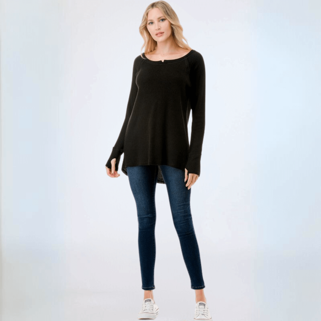 Made in USA Women's Soft and Cozy Thumbhole Sweater, Raw Edge Detail, Wide Boat Neckline, High-Low Hemline, Triangle Seam Detail on Back, Available in Black, Grey and Sage 