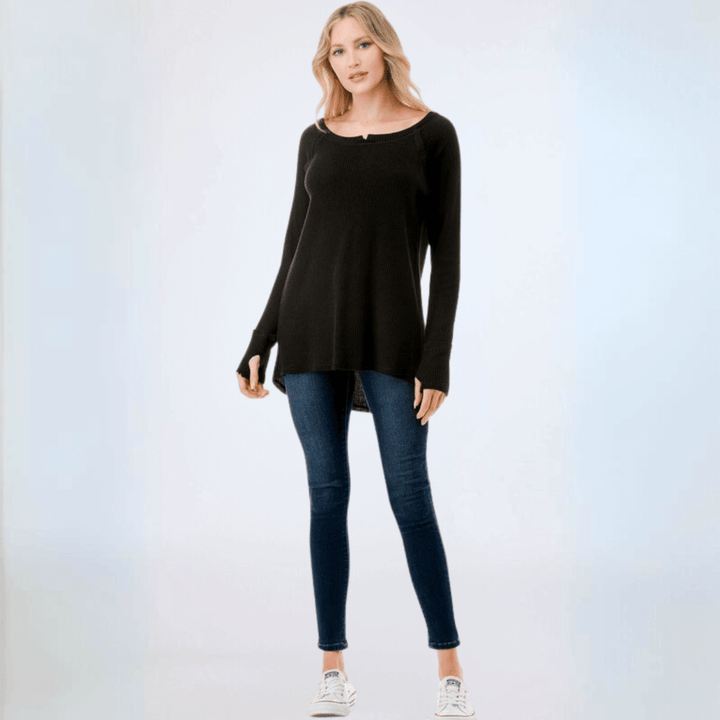 Made in USA Women's Soft and Cozy Thumbhole Sweater, Raw Edge Detail, Wide Boat Neckline, High-Low Hemline, Triangle Seam Detail on Back, Available in Black, Grey and Sage 