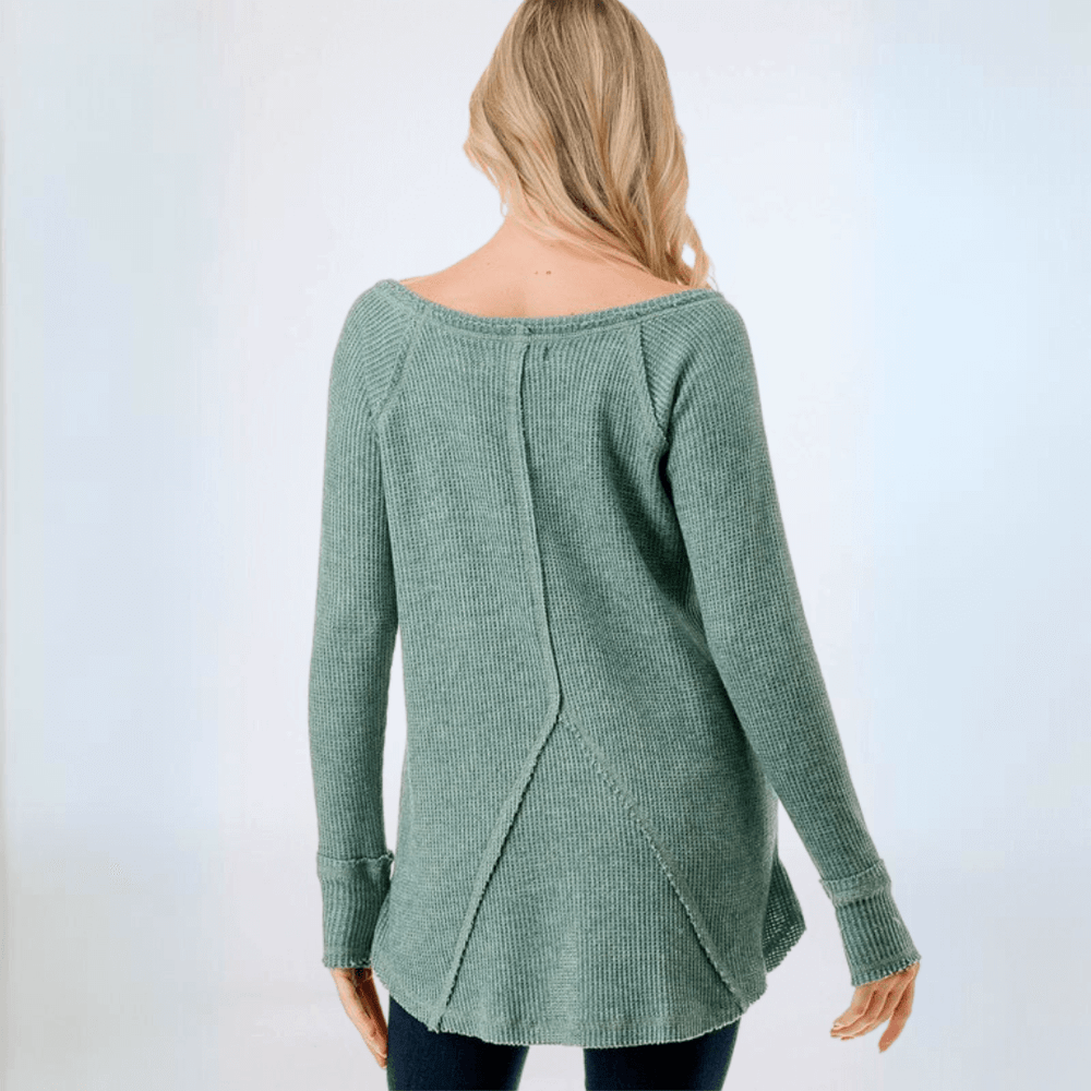 Made in USA Women's Soft and Cozy Thumbhole Sweater, Raw Edge Detail, Wide Boat Neckline, High-Low Hemline, Triangle Seam Detail on Back, Available in Black, Grey and Sage 