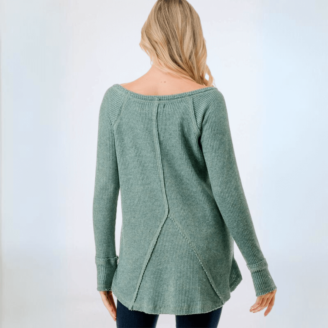 Made in USA Women's Soft and Cozy Thumbhole Sweater, Raw Edge Detail, Wide Boat Neckline, High-Low Hemline, Triangle Seam Detail on Back, Available in Black, Grey and Sage 