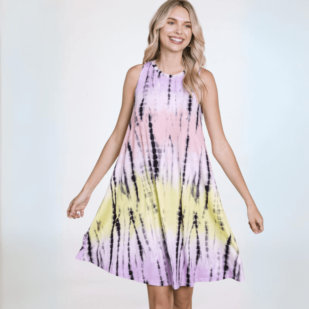 USA Made Women's Sleeveless Tie Dye A-line Silhouette Knee Length Summer Dress with Round Neckline in a Mix of Lavender, Yellow, Pink & Navy Mini | Classy Cozy Cool Made in America Boutique