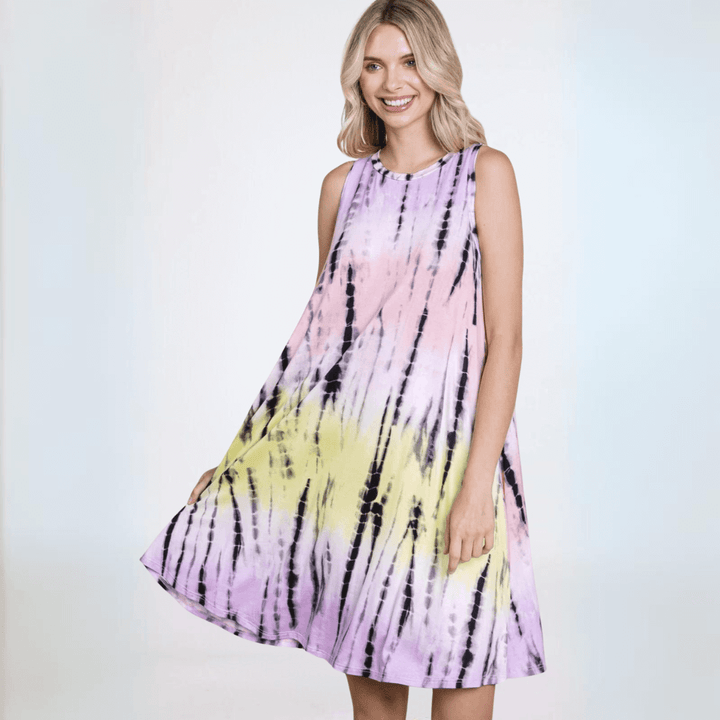USA Made Women's Sleeveless Tie Dye A-line Silhouette Knee Length Summer Dress with Round Neckline in a Mix of Lavender, Yellow, Pink & Navy Mini | Classy Cozy Cool Made in America Boutique