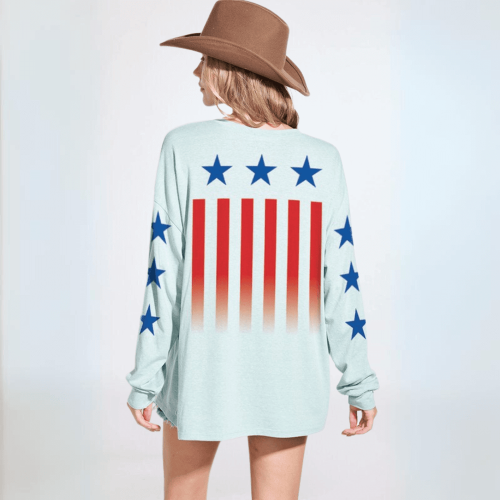 Made in USA Women's Stars & Stripes Graphic Oversized Tri-Blend Long Sleeve T-Shirt in Aqua Blue | Classy Cozy Cool Made in America Boutique