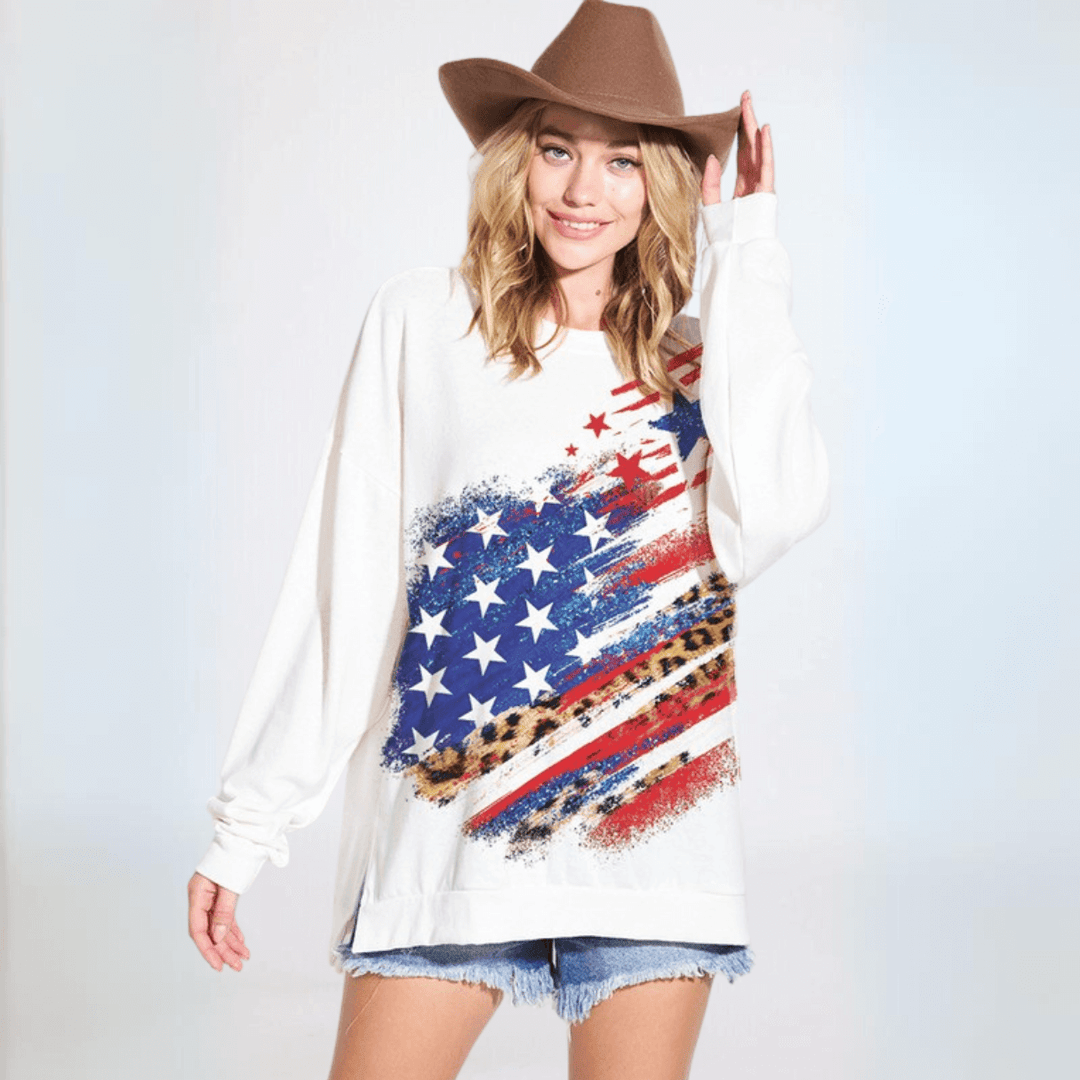 Made in USA Women's Leopard, Stars & Stripes Graphic American Flag Oversized Tri-Blend Long Sleeve Patriotic T-Shirt in Aqua Blue | Classy Cozy Cool Made in America Boutique