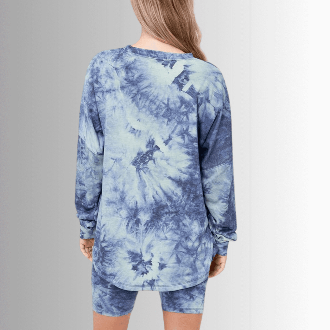 USA Made Ladies Super Soft 2 piece Tie Dye Pajama Loungewear Set with Long Sleeve Shirt and Biker Shorts in Blue, Teal