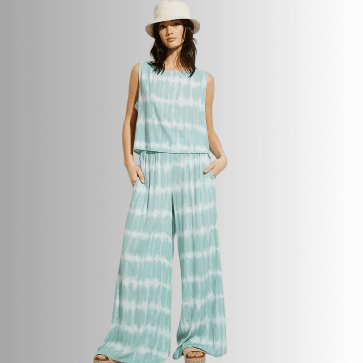 USA Made Light Aqua Turquoise Tie dye striped crop muscle top and palazzo pants 2 piece set for lounge, beach or every day wear || Classy Cozy Cool Women's Made in USA Boutique