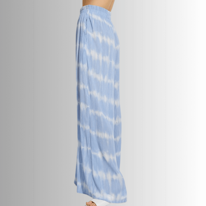 USA Made Light Blue Tie dye striped crop muscle top and palazzo pants 2 piece set for lounge, beach or every day wear | Classy Cozy Cool Women's Made in USA Boutique