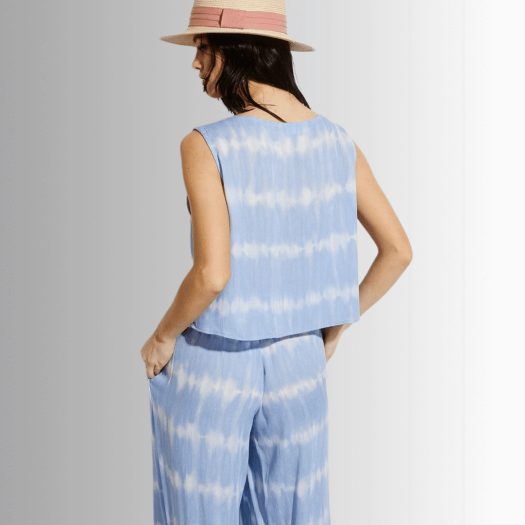 USA Made Light Blue Tie dye striped crop muscle top and palazzo pants 2 piece set for lounge, beach or every day wear | Classy Cozy Cool Women's Made in USA Boutique