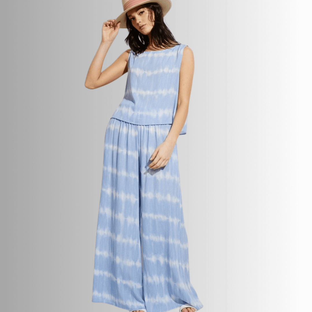 USA Made Light Blue Tie dye striped crop muscle top and palazzo pants 2 piece set for lounge, beach or every day wear | Classy Cozy Cool Women's Made in USA Boutique