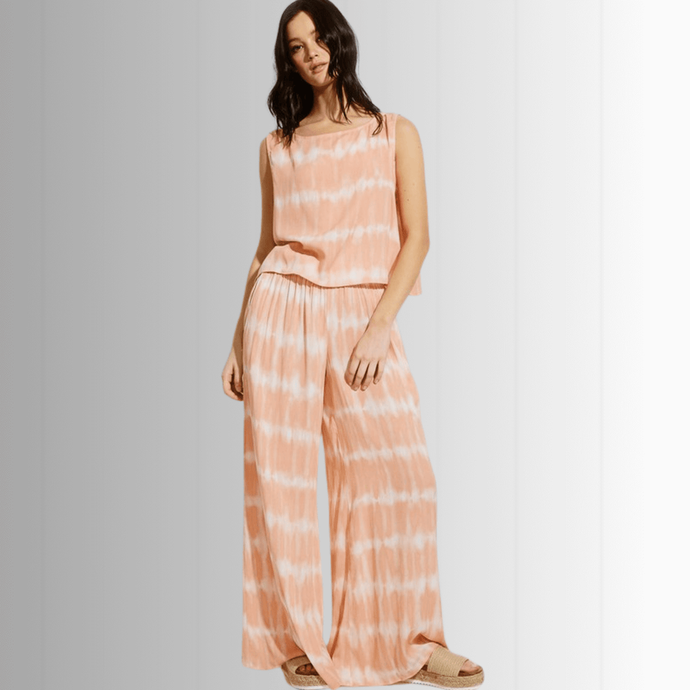 USA Made Light Peach Tie dye striped crop muscle top and palazzo pants 2 piece set for lounge, beach or every day wear || Classy Cozy Cool Women's Made in USA Boutique