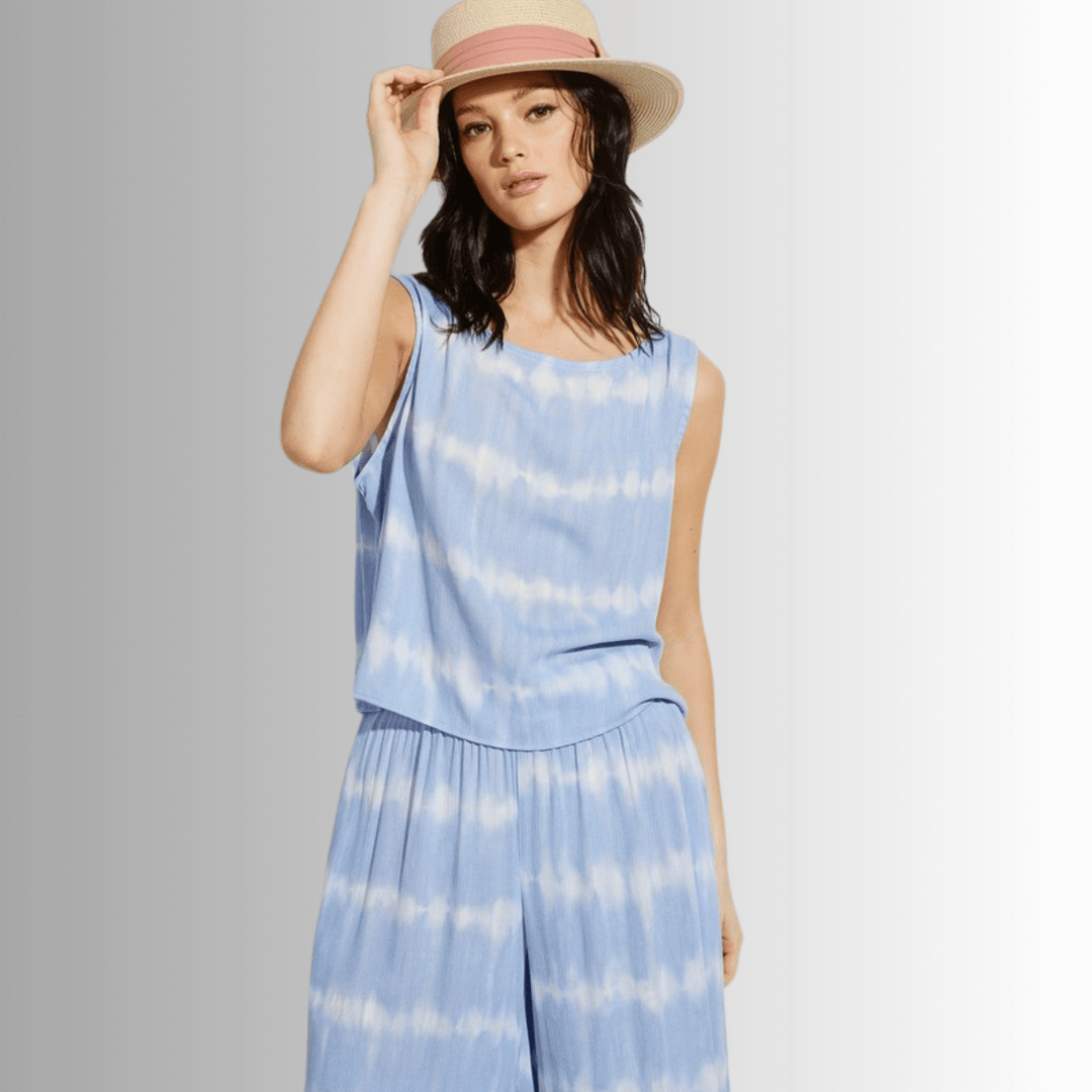 USA Made Light Blue Tie dye striped crop muscle top and palazzo pants 2 piece set for lounge, beach or every day wear | Classy Cozy Cool Women's Made in USA Boutique