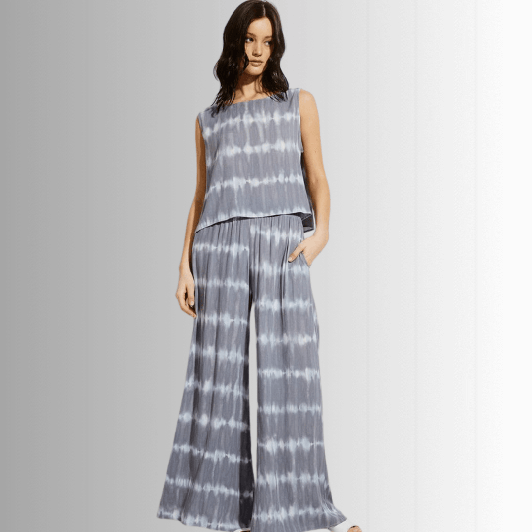 USA Made Charcoal Grey Tie dye striped crop muscle top and palazzo pants 2 piece set for lounge, beach or every day wear | Classy Cozy Cool Women's Made in USA Boutique