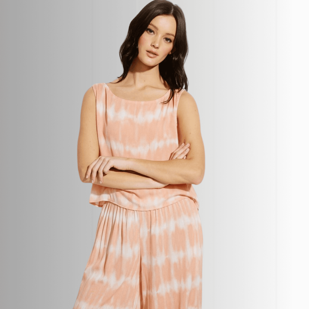 USA Made Light Peach Tie dye striped crop muscle top and palazzo pants 2 piece set for lounge, beach or every day wear || Classy Cozy Cool Women's Made in USA Boutique