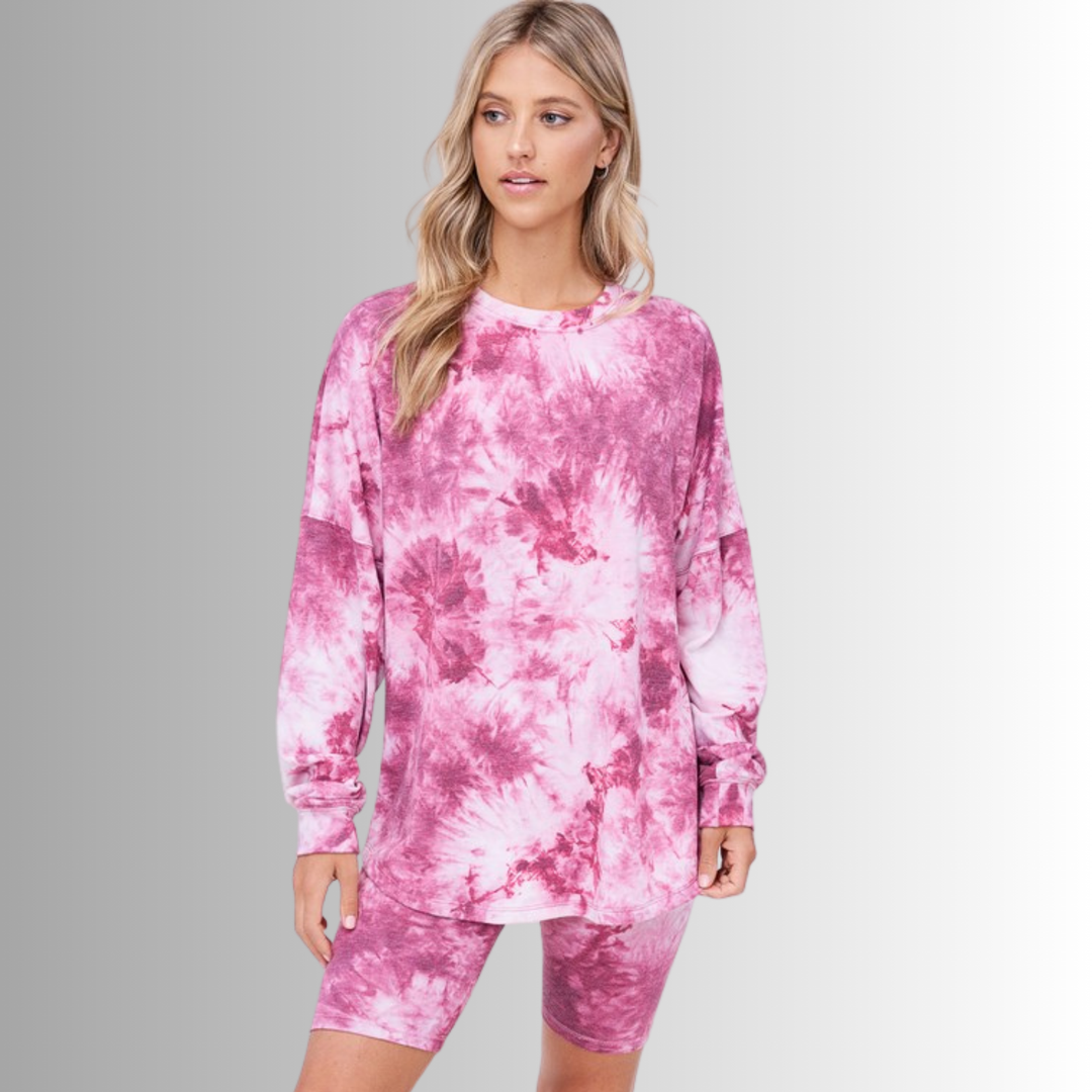 USA Made Ladies Super Soft 2 piece Tie Dye Pajama Loungewear Set with Long Sleeve Shirt and Biker Shorts in Pink