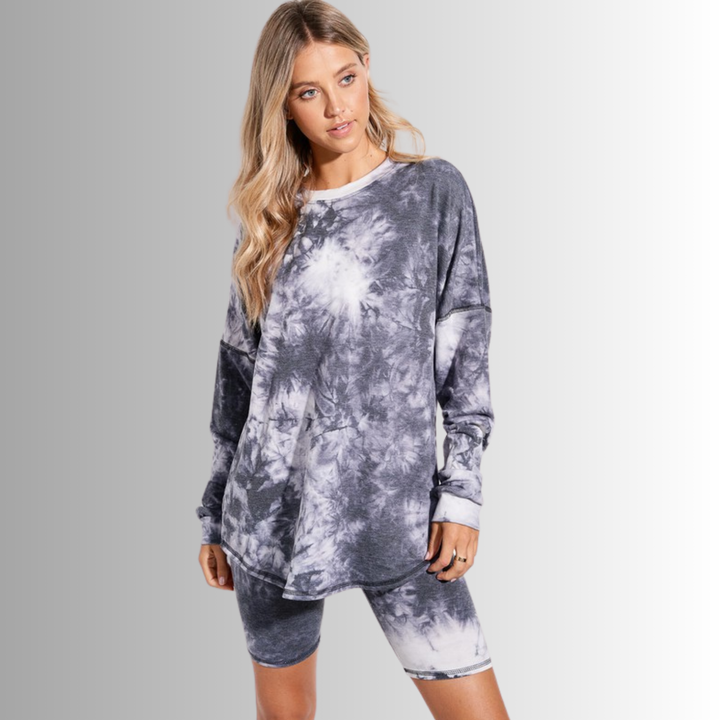 USA Made Ladies Super Soft 2 piece Tie Dye Pajama Loungewear Set with Long Sleeve Shirt and Biker Shorts in Grey