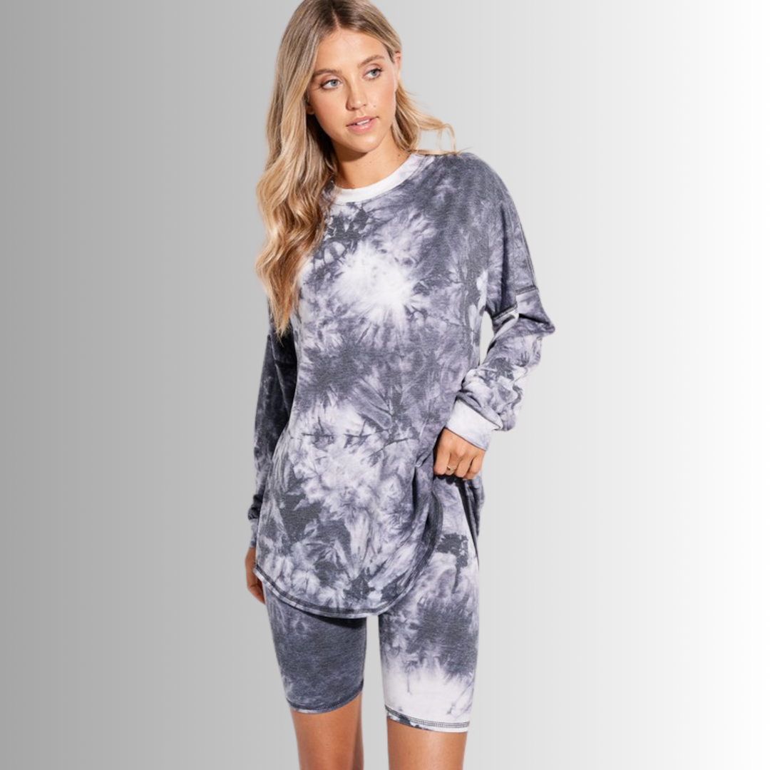 USA Made Ladies Super Soft 2 piece Tie Dye Pajama Loungewear Set with Long Sleeve Shirt and Biker Shorts in Grey