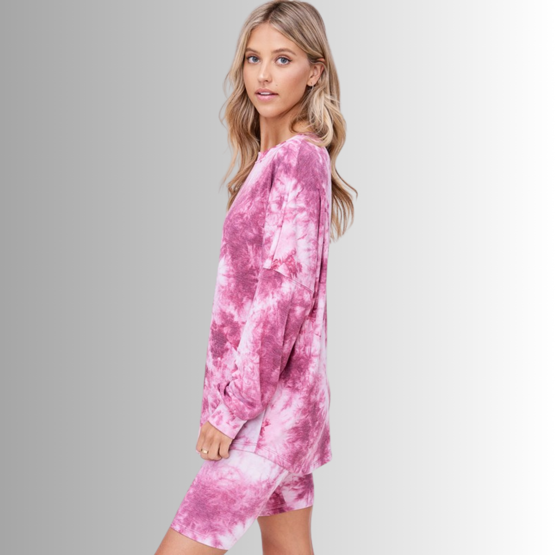 USA Made Ladies Super Soft 2 piece Tie Dye Pajama Loungewear Set with Long Sleeve Shirt and Biker Shorts in Pink